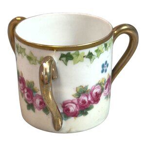 Vintage Double Handle Floral Porcelain Cup Roses Gold Trim Three Handle Tyg Mug